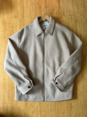 Zara Men's Beige Wool-Blend Zip Jacket